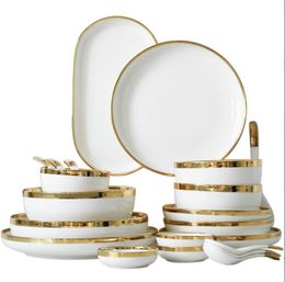 Ceramic Gold Plated Edge Plate Tableware Set White Porcelain Dinner Plate Household Kitchen Rice Bowl Salad Dish Steak Tray