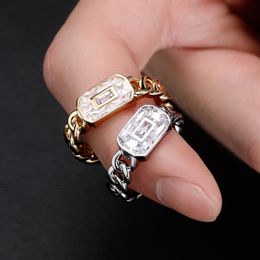Hip Hop Iced Out Square Zircon Chain Ring Opensize Gold Silver Plated Mens Bling Diamond Finger Rings