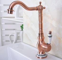 Kitchen Faucets Antique Red Copper One Ceramic Flower Handles Base Bathroom Basin Sink Faucet Mixer Tap Swivel Spout Deck Mounted Mnf638