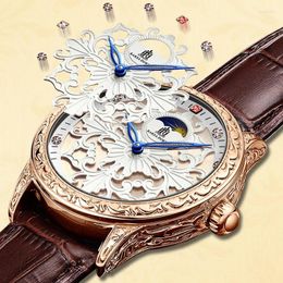 Wristwatches 3D Engraved Case Retro Watch Men Automatic Mechanical Man Tourbillon Clock Genuine Leather Waterproof Military Wristwatch
