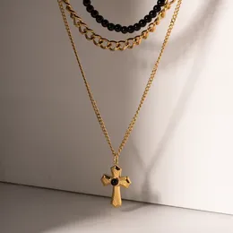 Pendant Necklaces Minar Dainty Natural Stone Tigereye Cross Women 18K Gold PVD Plated Stainless Steel Three Layers Agate Choker