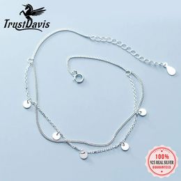 Anklets Trustdavis 925 Sterling Silver Fashion Sweet Double Layer Round Wafer Chain Anklets For Women Valentine's Day Gift Jewelry DA671 231115