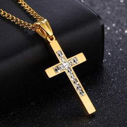 Pendant Necklaces Arrive 316L Stainless Steel Gold Cross Crucifix Top CZ Stone Men Women Necklace Free Box Chain 24" Wholesale/Retail