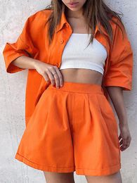 Women's Tracksuits Women Short Sleeve Shirts 2 Piece Sets Orange Cotton Casual Shorts Summer High Waist Green Oversize Blouses Suits