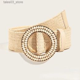 Belts Vintage PP Grass Woven Belt for Women Summer Dress Accessorie Bohemian Style Handmade Round Wood Inlaid Bead Buckle Elastic Belt Q231115