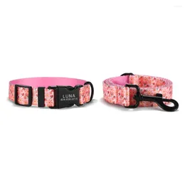 Dog Collars Personalised Pet Collar Customised Nameplate ID Adjustable Pink Flower Cherry Soft Fibre Cat Lead Leash