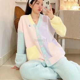 Women's Sleep Lounge 2023 New Pajamas Women's Autumn Winter Macaron Coral Plush Thickened Soft Sleepwear dents Can Wear Homewear V-neck Nightwear zln231115