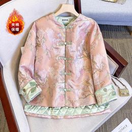 Ethnic Clothing Style Satin Jacquard Chinese Cotton Coat Women Round Neck Irregular Split Embroidery Tang Suit