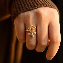 Band Rings Adjustable Spinning Sunflower Anti Stress Ring For Women Rotatable Pain Relief Fidget Fashion Jewellery 231114