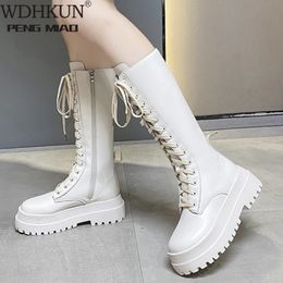 Boots Thicken Winter Knight Boots Women Knee High Long Square Heel Boots Retro Thick Motorcycle Boots Black White Botas Mujer 231115