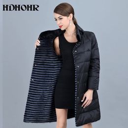 Women's Fur Faux HDHOHR 2023 Real Mink Coat With Down Double Side Wear Jacket Warm Genuine Leather Strip Long Jackes For Female 231114