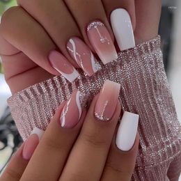 False Nails 24Pcs Mid-length Ballet French Acrylic Fake Nail Wearable Glitter Press On With Rhinestone Full Cover Tip