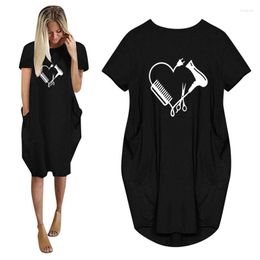 Casual Dresses Hair Salon Hairstyle Barber Print Women Loose Dress With Pocket Ladies Fashion O Neck Long Tops Female T Shirt
