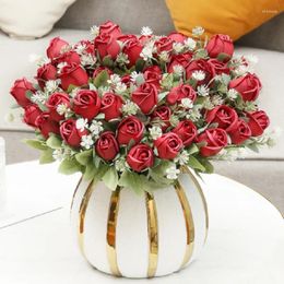 Decorative Flowers Artificial Silk Roses Bud Bouquet Wedding Bride Simulation Flower Home Dining Table Decoration Pink Rose