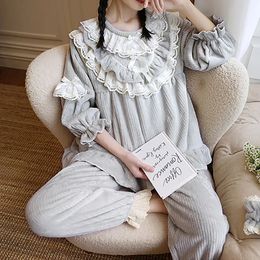Women's Sleepwear Autumn Winter Women Warm Striped Flannel Pajama Sets.Vintage Lady Ruffle Pyjamas Suit.Cute Princess Nightcloths Home loungewear 231115