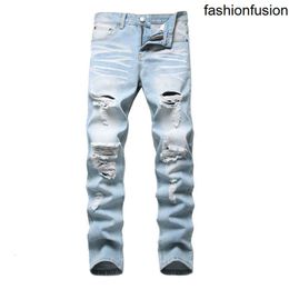 Pantaloni di jeans Dritta lavati con buchi pieghettati a bottone strappato jeans blu blu 2023slim.