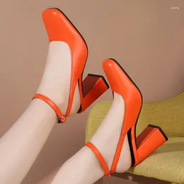 Dress Shoes Women's Pumps 2023 Fashion Orange High Heel Buckle For Women Comfortable Shallow Party Summer Square Toe