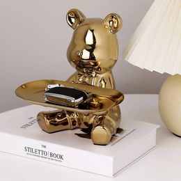 Decorative Objects Figurines Exquisite Ceramic Bear Sculpture Ornaments With Metal Tray Entrance Key Candy Storage Piggy Bank for Home Decor 231115