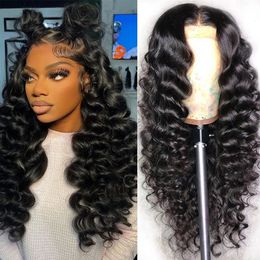 Synthetic s 13x4 HD Transparent Lace Frontal Human Hair for Women Loose Deep Wave Glueless Pre Plucked Front Ready To Wear 231115