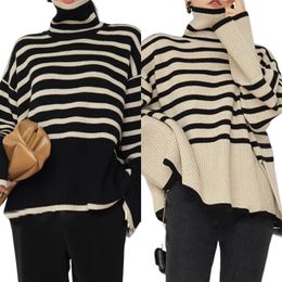 Women's Sweaters Horizontal Stripe Crochet Pullovers Top Long Sleeve Women Crop Sweater Y2K Style Loose Fit Half High Collar Streetwear Suit 231115