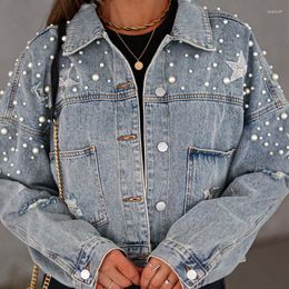 Women's Jackets Fashion Heavy Work Nail Beads Embroidery Vintage Denim Jacket For Women Casual Streetwear Jean In Outerwears Winter Coat Top