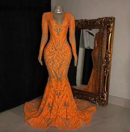 Sparkling Sequins Orange Mermaid Prom Dresses African Lace V Neck Long Sleeves Evening Gowns Sweep Train Formal Party Dress