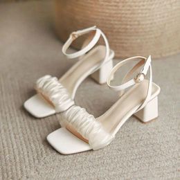 Dress Shoes F-71 And Summer One-line Buckle Medium Heel Comfortable Pointed Toe Single Bag Women's Thick Temperament