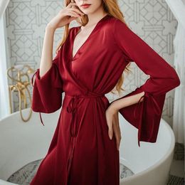 Women's Sleepwear QWEEK Satin Robe Peignoir Women Silk Kimono Autumn Vintage Wedding Dress Bride Bathrobe Female Long Gown Albornoces