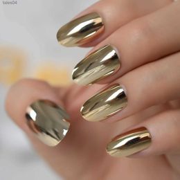 False Nails Metallic Champagne Gold Press on False Fake Nails Metal Shiny Punk Style Plating Acrylic Round Reflective Mirror Nail Art Tips YQ231115