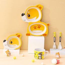 Dinnerware Sets Bamboo Fibre Children's Cutlery Set Baby Cartoon Divided Grid Dinner Plate Rice Bowl Meal Cup Spoon Fork