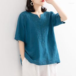 Ethnic Clothing 2023 Summer Women Vintage Art Embroidery Cotton Linen T-shirt Loose V-neck Solid Short Sleeve Top Chinese Graceful Qipao