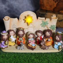 Decorative Objects Figurines Christmas Manger Decoration Set Cartoon Jesus Holy Figure Resin Figurines for Home Bedroom Living Room Decoration 231114