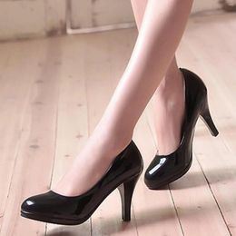 Dress Shoes Pumps Women Heeled Shallow Platform Round Toe Slip On Square Heels Patent Leather Office Party Black 2023