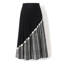 Skirts Houndstooth Long Knitted Women Pleated Skirt A-line Fashionable Skirtlarge Size Contrast Stitching