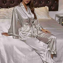 home clothing Autumn Satin Silk Pajamas Long-sleeved Cardigan Pyjama Female Nightgown Home Suit Loose Trousers Loungewear Set R231115