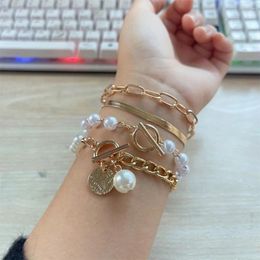 Boho Geometric Pearl Link layered bracelets with Coin Pendant - Vintage Gold Color Jewelry Gift for Women by NCEE