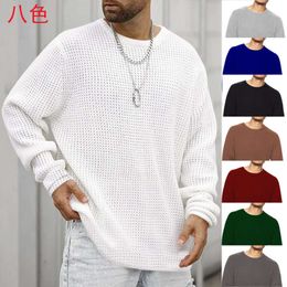 2023 New Waffle Long Sleeve Round Neck Casual Men's Loose Pullover Knit