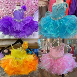 Iridescent Little Girl Cupcake Pageant Dress One-Shoulder Beaded Ruffles Glitz Baby Kid Fun Fashion Runway Drama Birthday Formal Cocktail Party Gown Toddler Infant