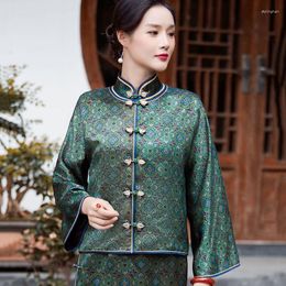 Ethnic Clothing Traditional Chinese Womens Plus Size Tops 2023 Silk Satin Prints Fabric Splicing Long Sleeve Tang Costume Shirts Woman