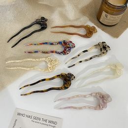 Hair Clips Korean Accessories Retro Flower Sticks Acetate Hairpins U Shaped Pin Tortoiseshell For Woman Drop