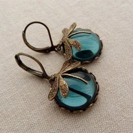 Dangle Earrings Vintage Bronze Dragonfly Fashion Gold Color Metal Carving Pattern Inlaid Moonstone Drop For Women Jewelry