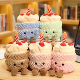 Plush Dolls 28cm Happy Birthday Cake Plush Doll Stuffed Food Plush Pillow with Leg Smiling Face Plushie Peluche Party Decor Kids Gift 231114