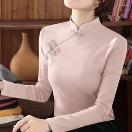 Ethnic Clothing Cheongsam Women's Plus Size Stand Collar Tops 2023 Spring Cotton Blend Pure Colour Long Sleeve Chinese Style Qipao Shirts