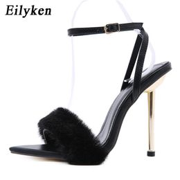 Sandals Pink White Women Sexy Open Toe Furry Fur Summer High-Heeled Ladies Wedding Stripper Shoes