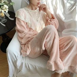 Women's Sleepwear Autumn Winter Women Warm Striped Flannel Pajama Sets.Embroidered Lace TopsPants.Vintage Pyjamas Suit.Cute Sleepwear Loungewear 231115