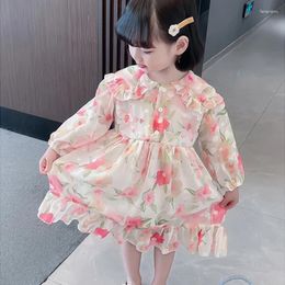 Girl Dresses Kids Girls Pink Flower 2023 Summer Korean Style Turn Down Collar Lantern Sleeve Chiffon Dress Ruffles Button Clothes