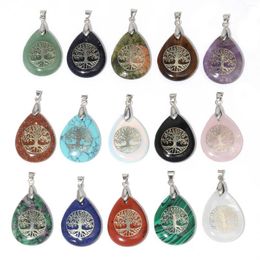 Pendant Necklaces Wholesale Tree Of Life Pattern Water Drop Stone Charms Natural Amethyst Agate Turquoise Gems Necklace Accessory