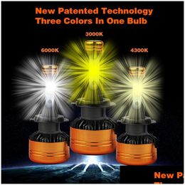 Other Lighting System Pampsee 2Pcs Car Tricolour 3Color Led Headlight Z5 H1 H4 H7 H11 100W 5800Lm Chips 3000K 4300K 6000K Switchback Dhxjo