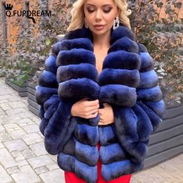 Women's Fur Faux QFURDREAM Natural Rex Rabbit Coat Width Sleeves Big Lapel Luxury Fashion Winter Warm Thick Stripes Woman Clothing 231115