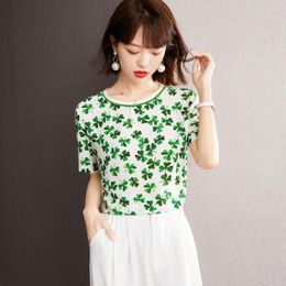 Women's T Shirts 2023 Summer European Station Fashion Printed Chiffon Shirt Women's Small Flower Short Sleeve T-shirt Top